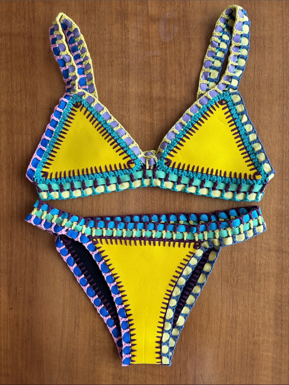 Yellow Crochet-Trim Neoprene Bikini Set size S